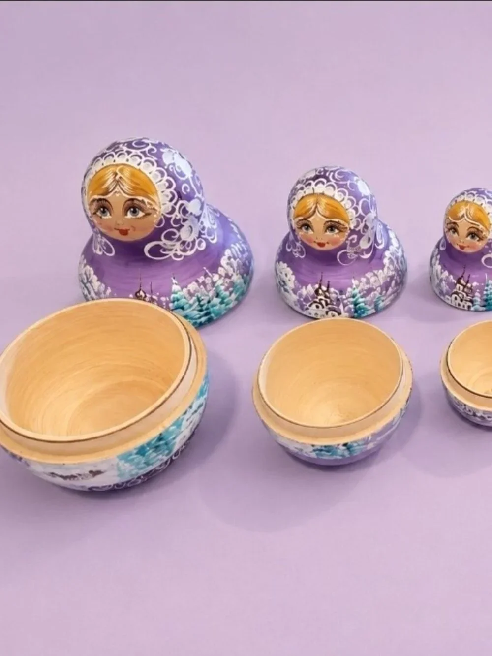 Vintage Russian Babushka Nesting Dolls Purple Wood Traditional 9 Piece Set